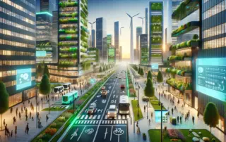 A futuristic image that showcases sustainability in the future of businesses. The scene depicts a bustling business district