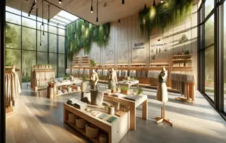 sustainable clothing brand's flagship store, designed with eco-friendliness at its core. The store is spacious and bathed in natural light